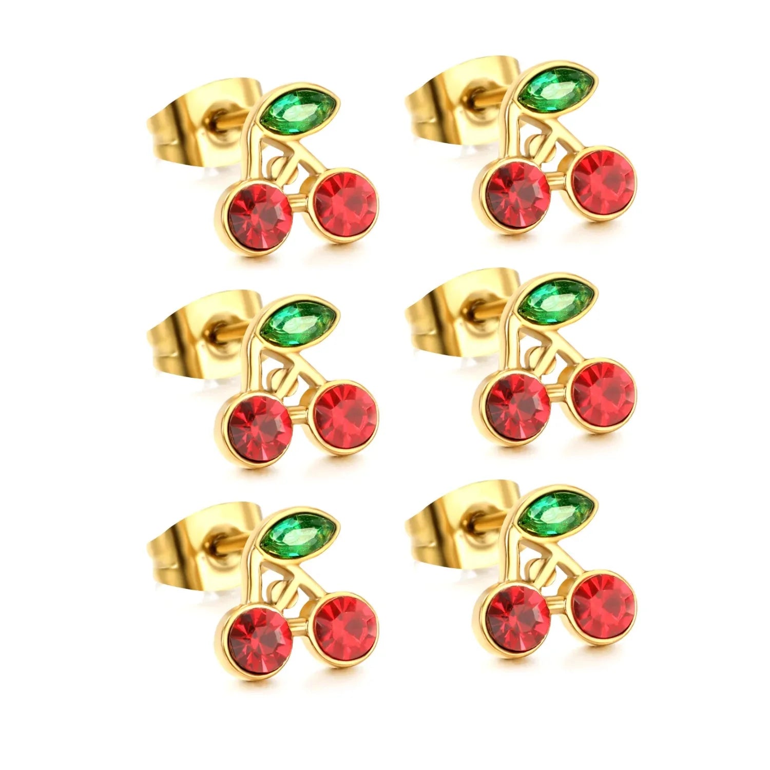 Maar-Wizz | Earrings | 3PCS 8.6*8.4mm Cherry green diamonds + white diamonds ordinary pin earrings steel color