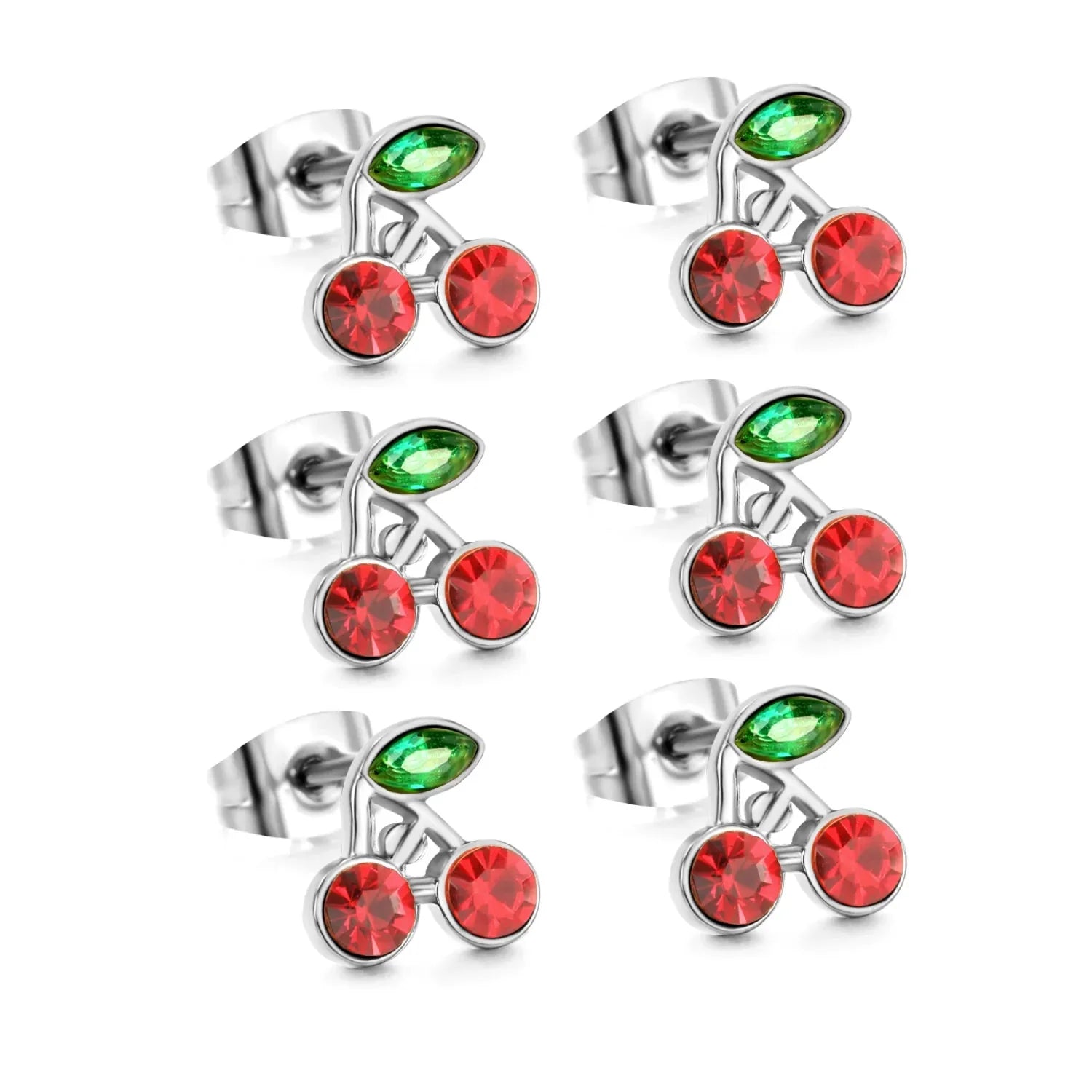 Maar-Wizz | Earrings | 3PCS 8.6*8.4mm Cherry green diamonds + white diamonds ordinary pin earrings steel color